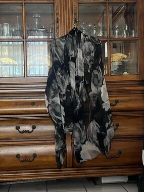 eskandar Black and White Floral Sheer Scarf